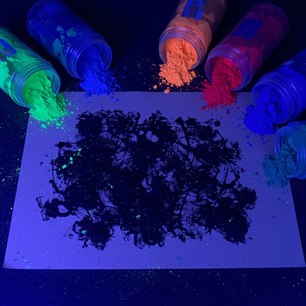 Fluorescent pigments glowing under a blacklight