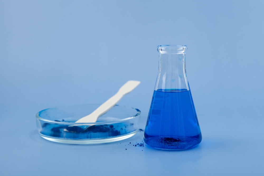Blue fluorescent pigments and dye in a vial